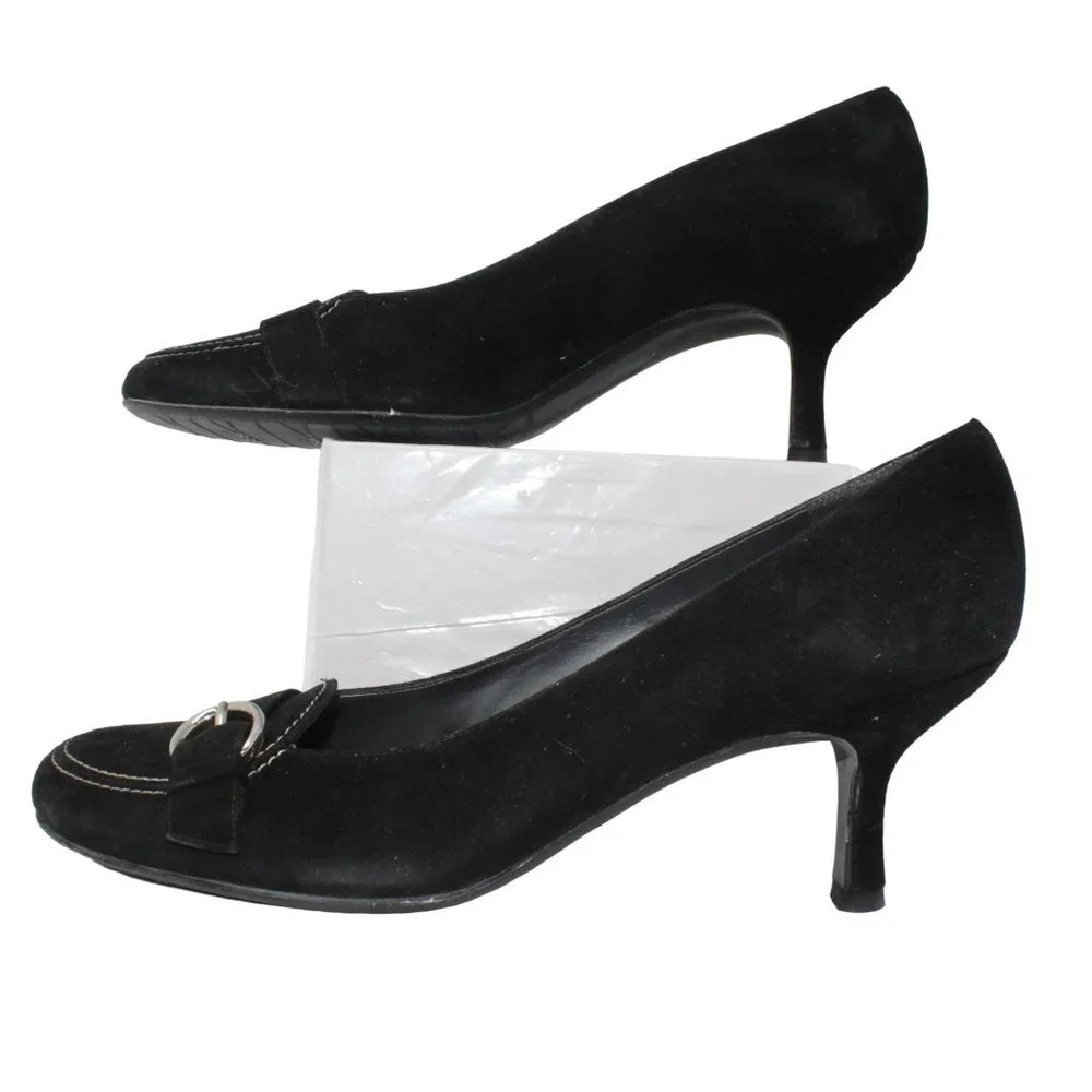 Stuart Weitzman Size 9M Black Suede Leather Madeline Buckle Detail Kitten Heels - Picture 8 of 11